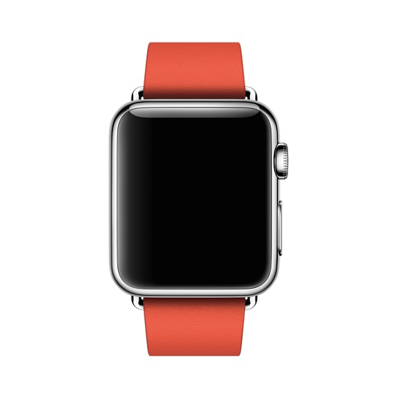 Eine Smartwatch mit rotem Armband und schwarzem Bildschirm, isoliert auf Weiß.