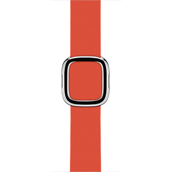 Orangenes Lederarmband für Apple Watch mit silberner Metallschnalle, auf weißem Hintergrund.
