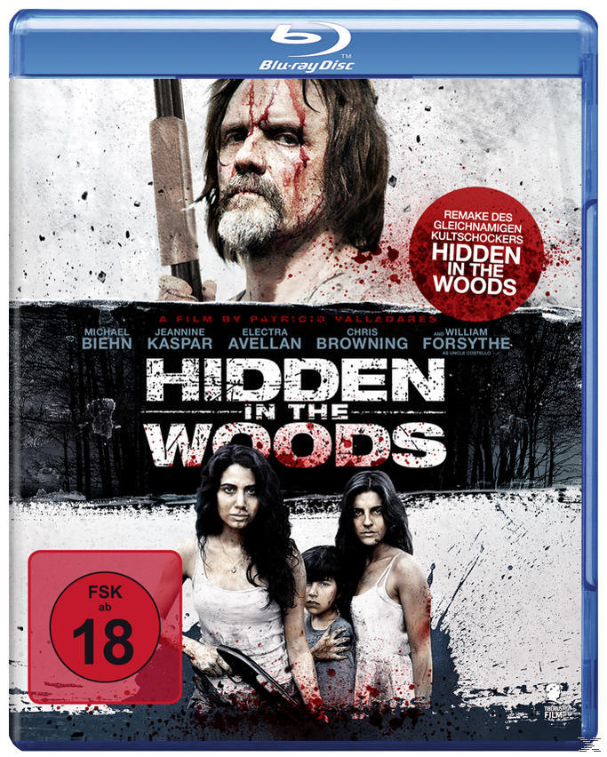 DVD-Cover: Film 'Hidden in the Woods'. Blutiger Mann mit Gewehr, Frauen mit Kind. FSK 18.