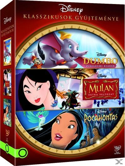 Disney DVD box set Dumbo, Mulan és Pocahontas grafikával.
