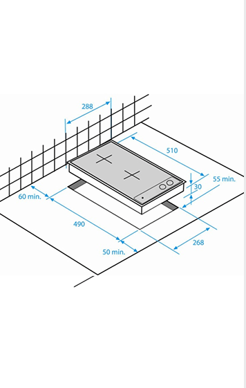 Főzőlap diagramja. Méreteket és méréseket mutat mm-ben.