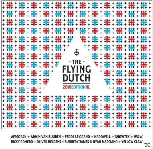 Een kleurrijk geometrisch ontwerp met een witte driehoek in het midden, met de tekst THE FLYING DUTCH.