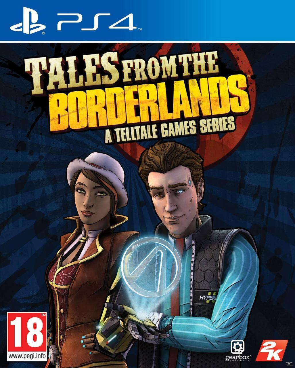 Játék borító két rajzfilmfigurával. A cím: 'Tales from the Borderlands'. PlayStation 4 logó a bal felső sarokban.
