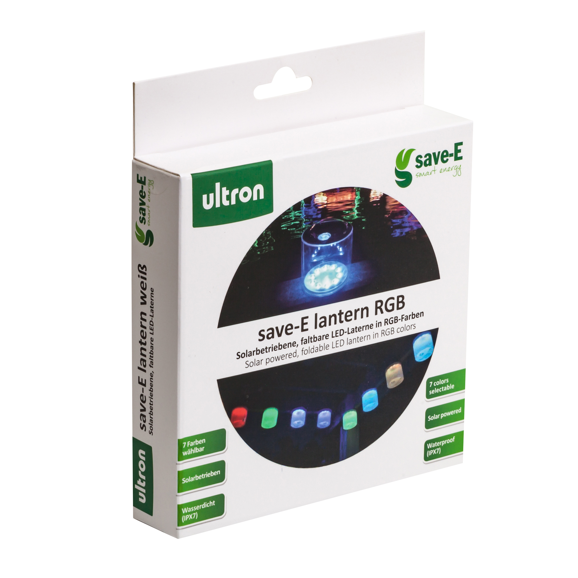 Karton mit 'save-E lantern RGB', weißer Hintergrund. Zeigt eine Laterne mit bunten Lichtern.