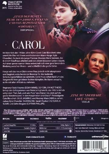 DVD-Cover des Films 'Carol' mit Cate Blanchett und Rooney Mara. Text beschreibt die Handlung und die Besetzung.