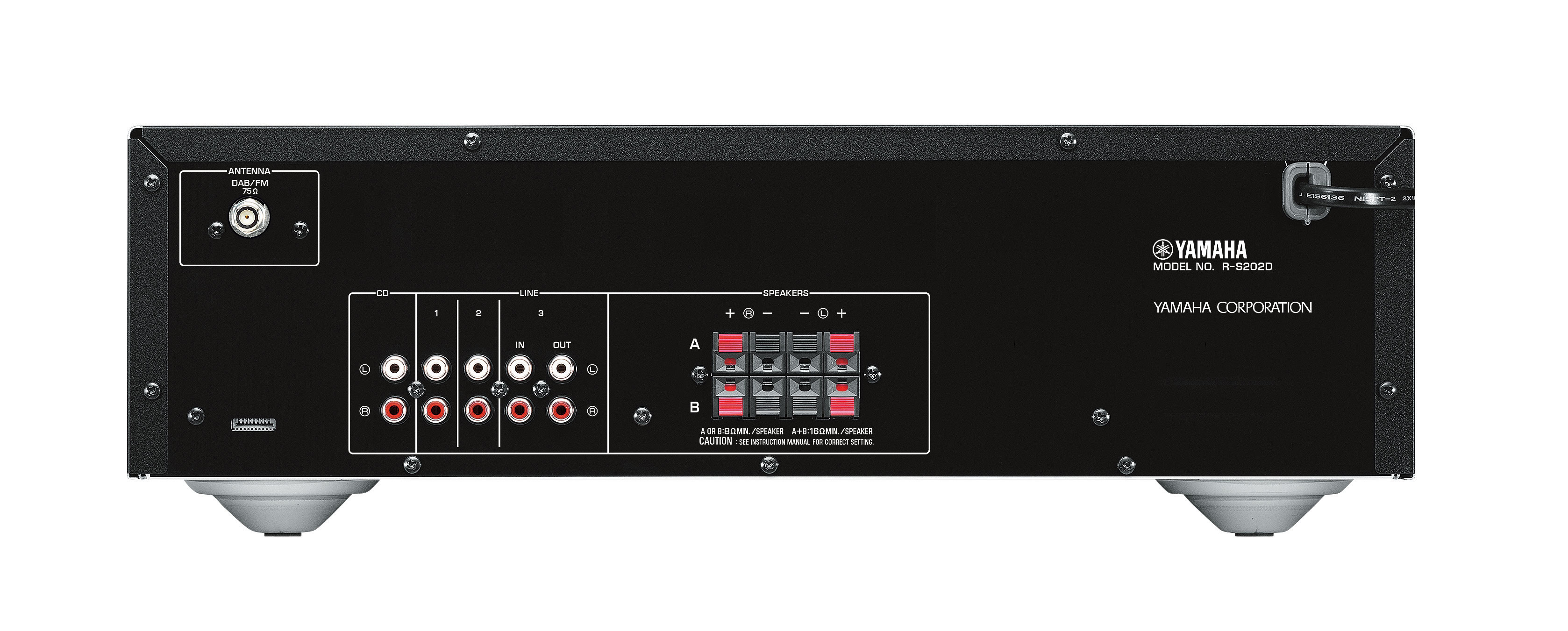 Rückseite eines Yamaha-Receivers. Schwarz mit Anschlussports und Beschriftungen.