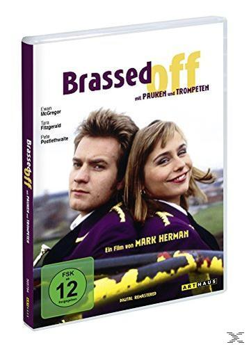 DVD-Cover für 'Brassed Off' mit zwei Schauspielern auf gelb-schwarzem Hintergrund.