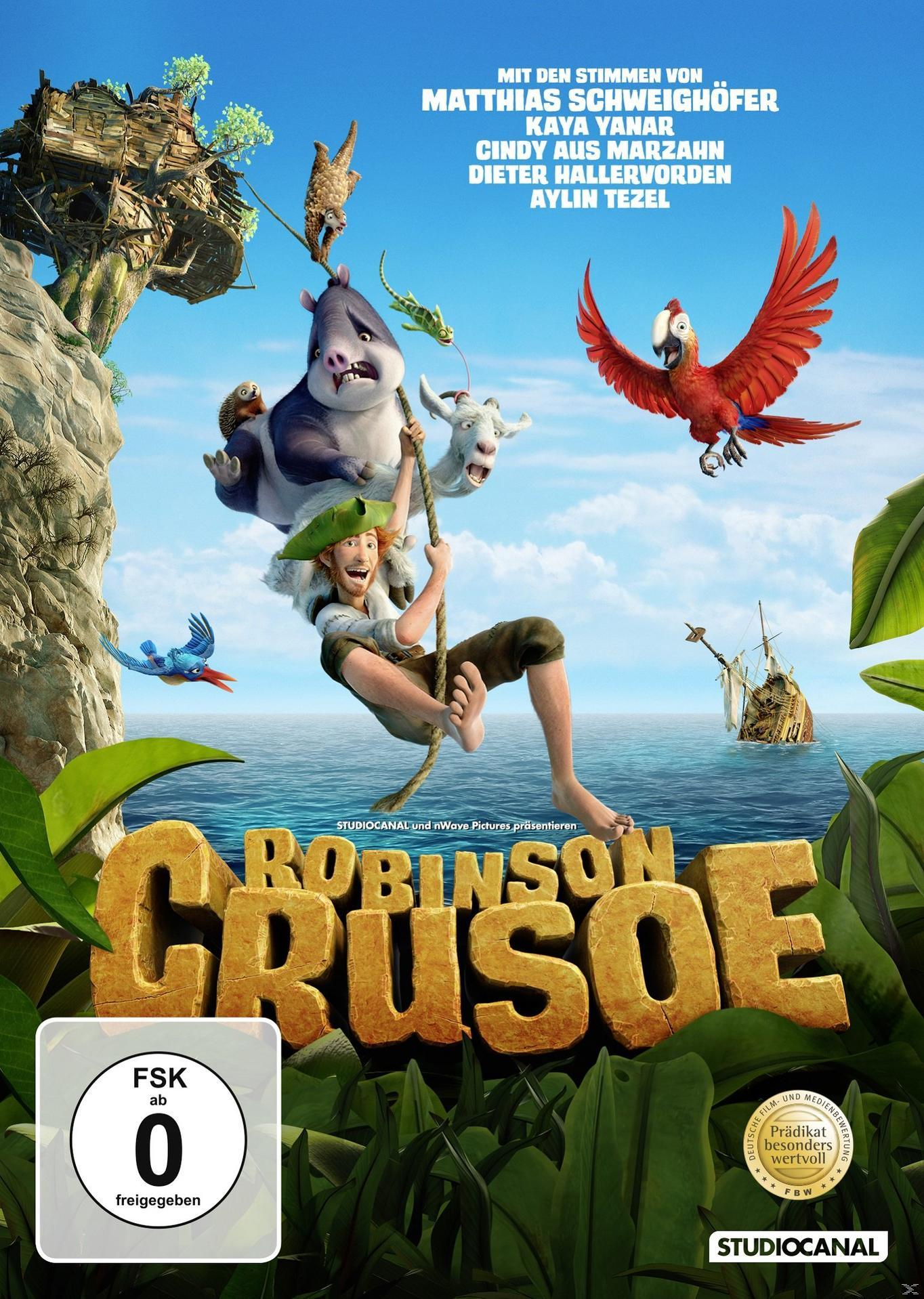 Filmposter für 'Robinson Crusoe'. Enthält animierte Charaktere auf einer tropischen Insel. Blauer Himmel.