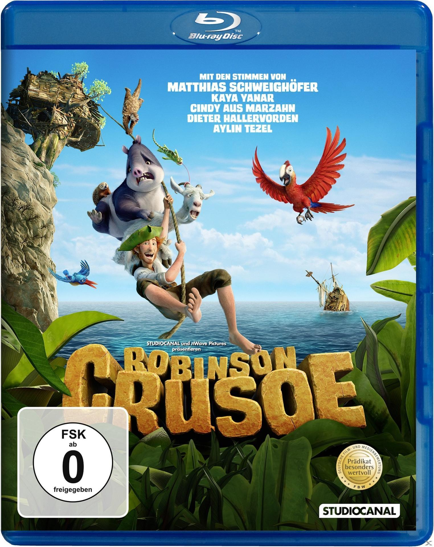Robinson Crusoe Filmcover. Zeichentrickfiguren auf tropischer Insel. Blaue Hülle.