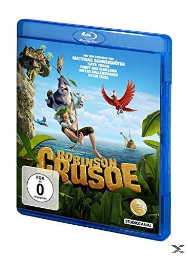 DVD-Cover von Robinson Crusoe mit Zeichentrickfiguren. Blaue Hülle, lebendige Farben, Dschungelkulisse.