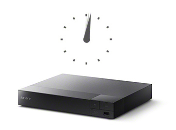 Schwarzes Sony-Gerät mit einem Uhrensymbol darüber. Weißer Hintergrund.