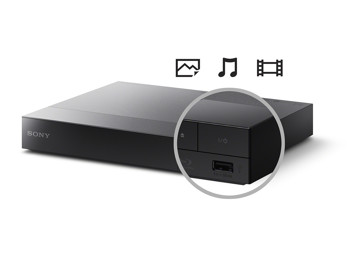 Schwarzer Sony Blu-ray Player mit USB-Anschluss und Symbolen für Medientypen.
