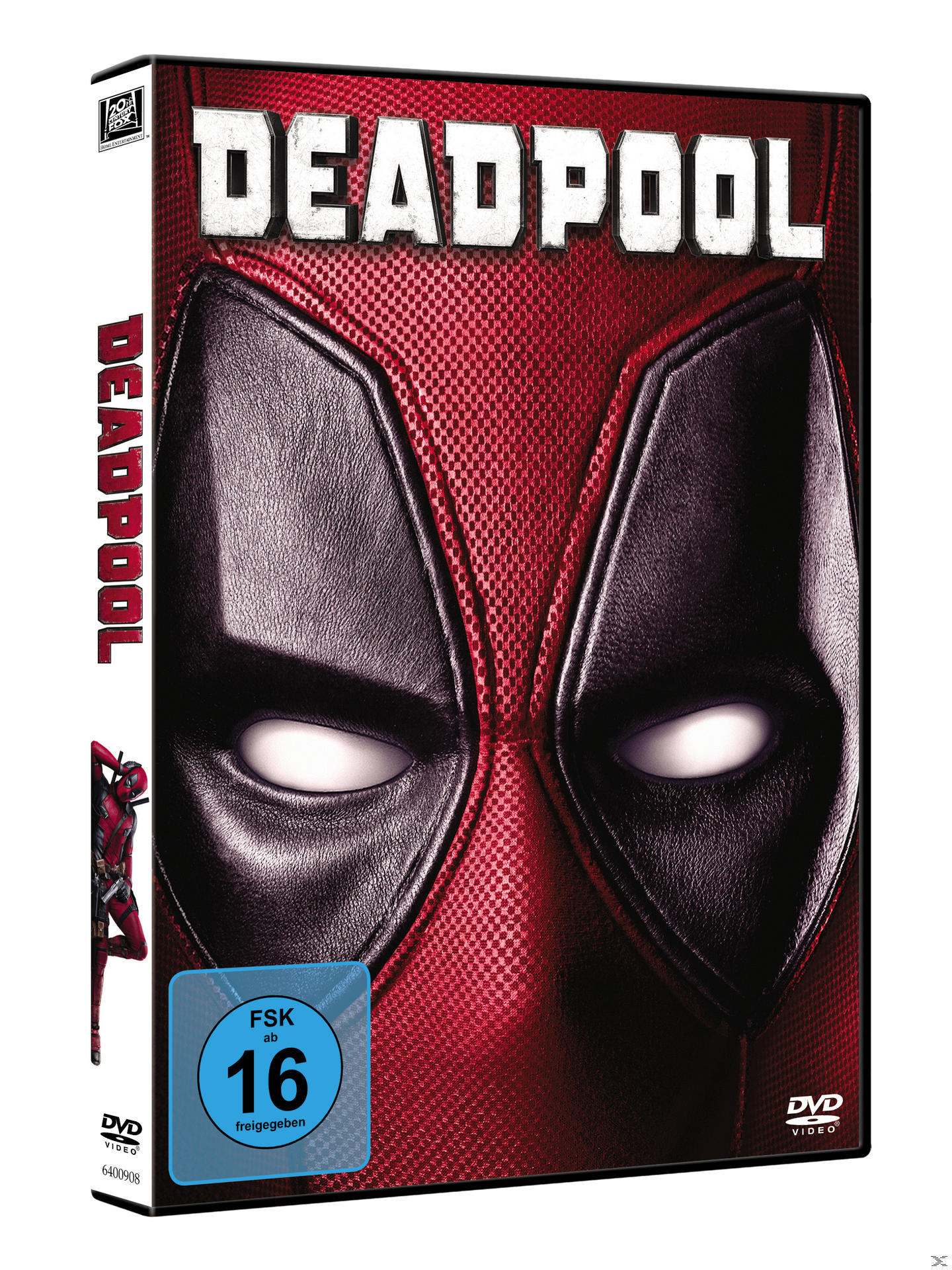 Deadpool-DVD-Cover. Das Cover zeigt die Deadpool-Maske. Der Hintergrund ist ein rotes, strukturiertes Muster.