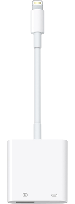 Fehér Apple Lightning-USB kameraadapter fekete háttérrel.