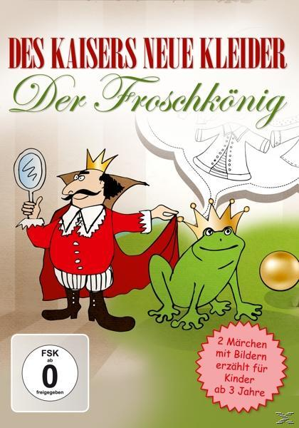 Cartoonbild eines Königs und eines Frosches mit goldenem Ball und Text über des Kaisers neue Kleider.