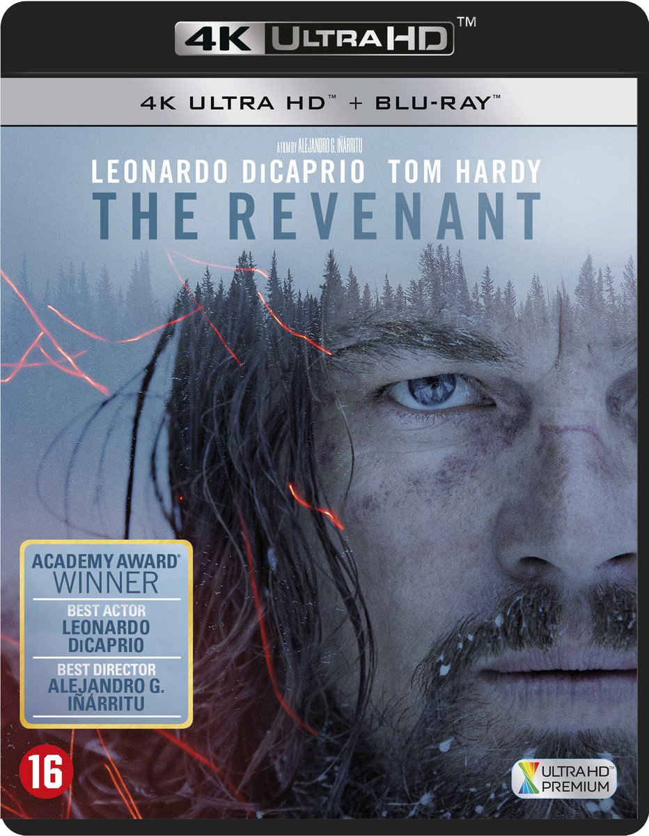Couverture du film 'The Revenant' avec Leonardo DiCaprio. Montre son visage. Texte avec récompenses et 4K Ultra HD.