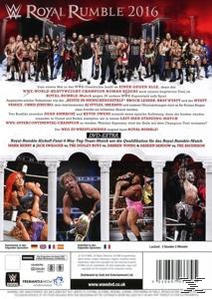 DVD-Cover. Wrestler im Ring, Text: WWE Royal Rumble 2016.