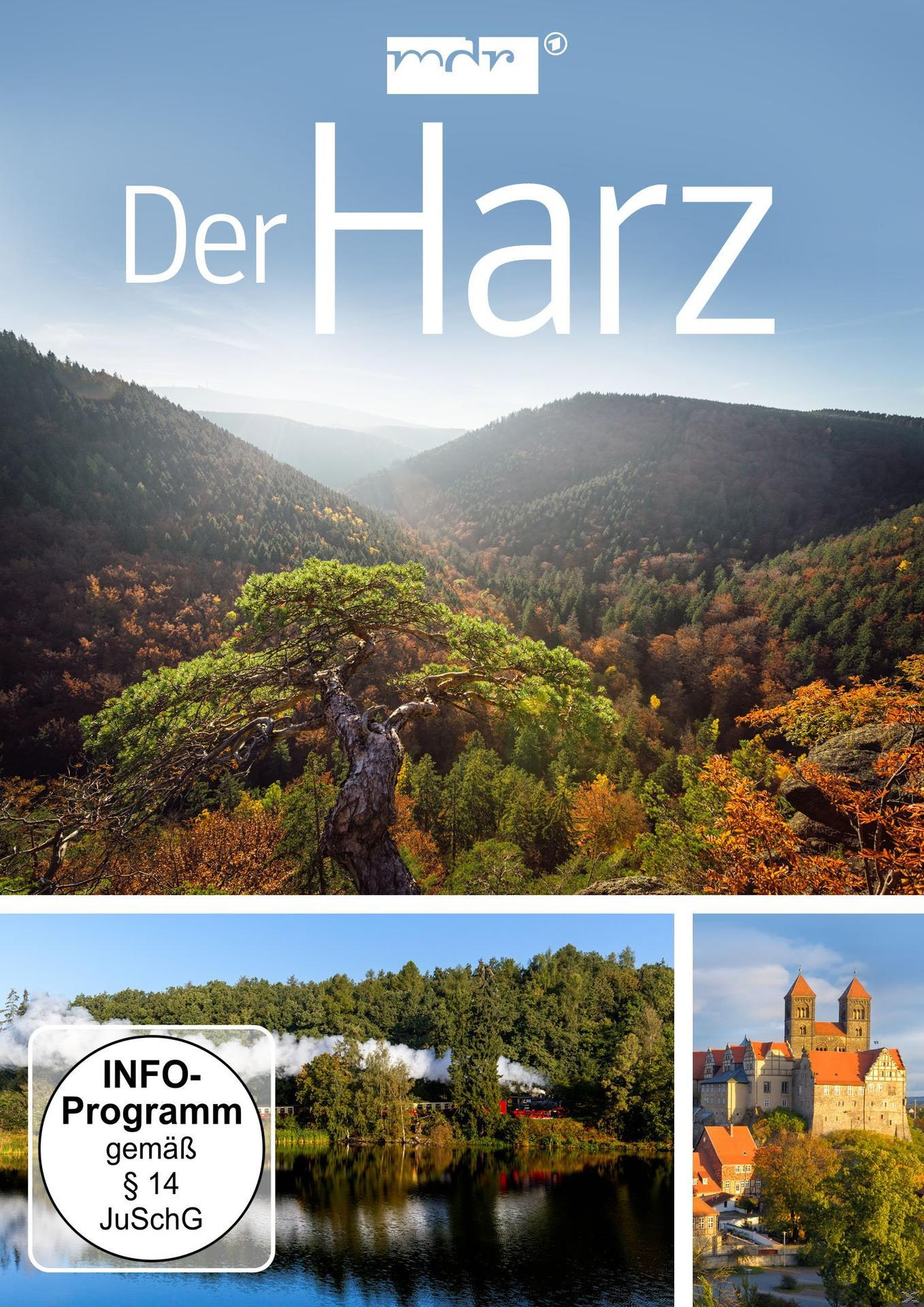 Eine malerische Aussicht auf das Harzgebirge im Herbst. Es gibt Bäume und einen See im unteren Bild.