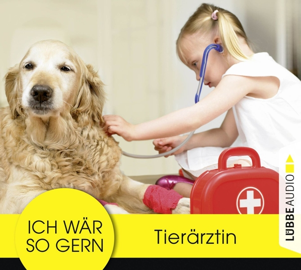 Ein Kind spielt Tierarzt mit einem Hund, benutzt ein Stethoskop und einen Spielzeug-Verbandskasten.