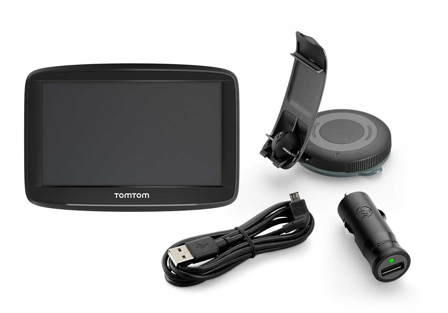 TomTom GPS-Gerät mit Zubehör: Ladegerät, Halterung und Kabel.