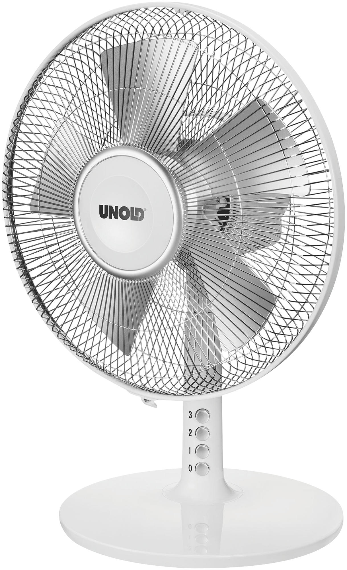 Weißer UNOLD-Ventilator. Der Ventilator hat einen weißen Sockel, ein weißes Gitter und ein Bedienfeld mit Knöpfen.