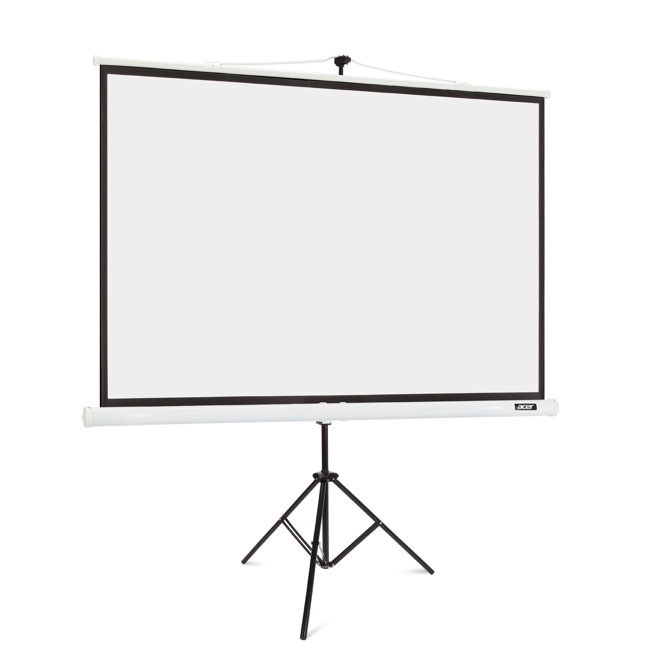 Weiße Projektorleinwand auf einem schwarzen Stativ. Die Leinwand ist ausgefahren und leer.