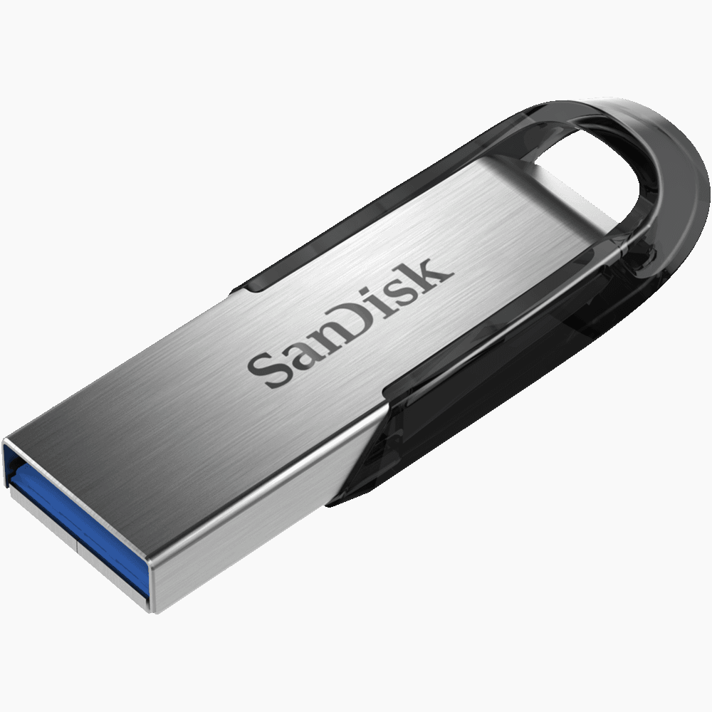 Gümüş ve siyah USB bellek. Cihaz beyaz bir zemin üzerinde ve siyah bir uca sahip.