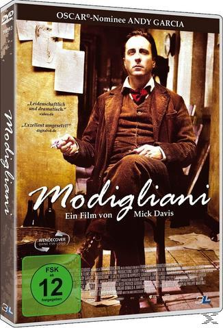 DVD-Cover: Mann in braunem Mantel hält Papier. Text 'Modigliani'. Grünes FSK 12 Logo.