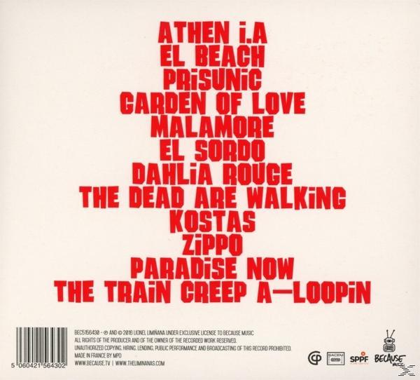 Rückseite des Albums: Titelliste in rotem Text. Schwarz-Weiß-Barcode und Text unten.