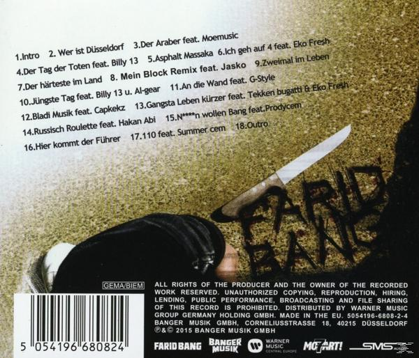 CD-Cover mit Titelliste, Künstlername und einer Messer-Grafik. Das Cover hat einen dunklen Hintergrund.