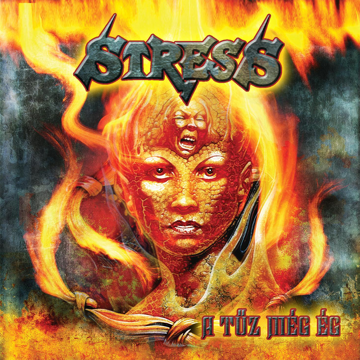 Album borítója tűzarcúval és a STRESS6 szóval. A háttér sárga és narancs.