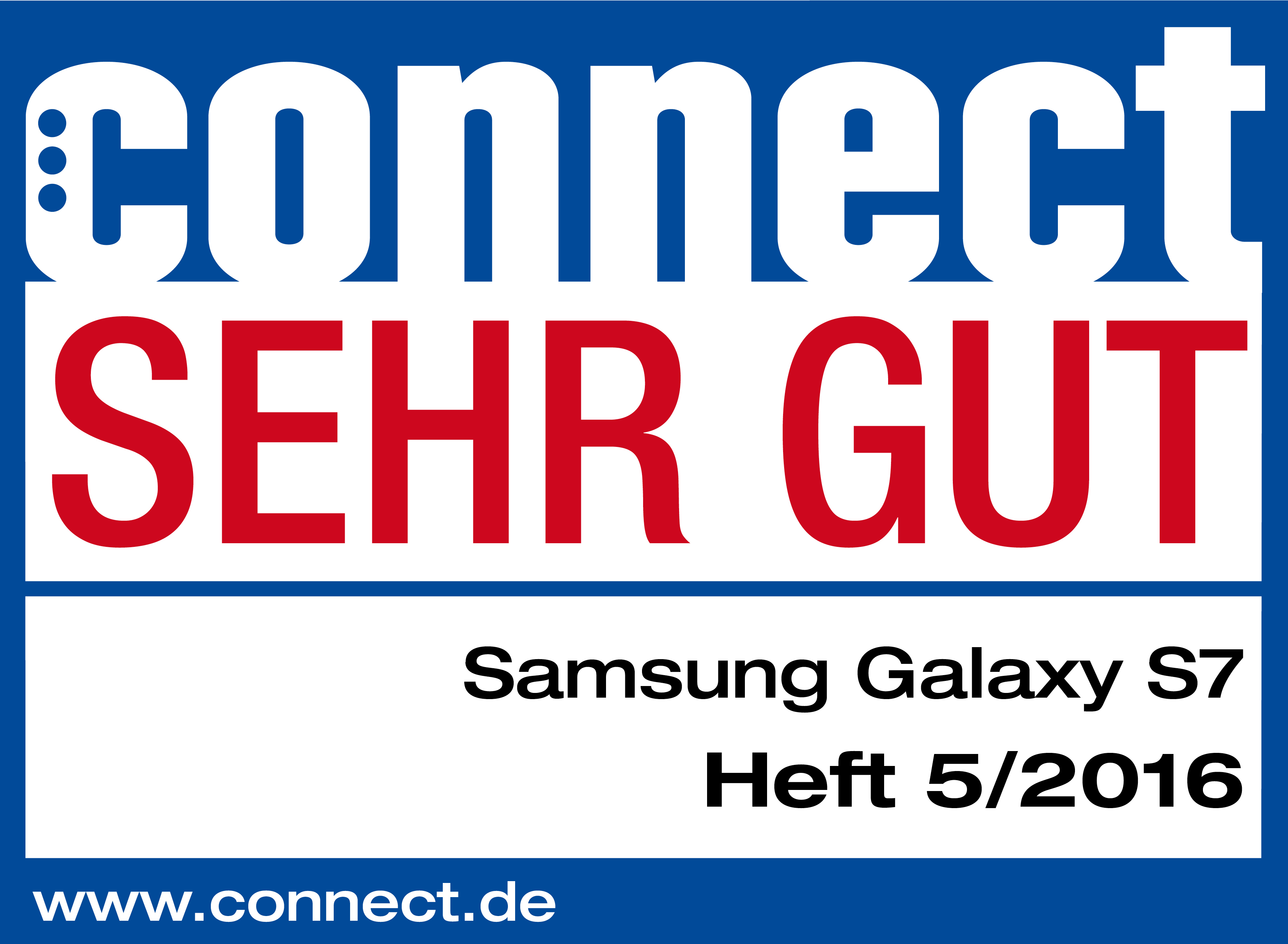 Connect Testergebnis. Blaues Banner, 'SEHR GUT' (sehr gut). Samsung Galaxy S7.