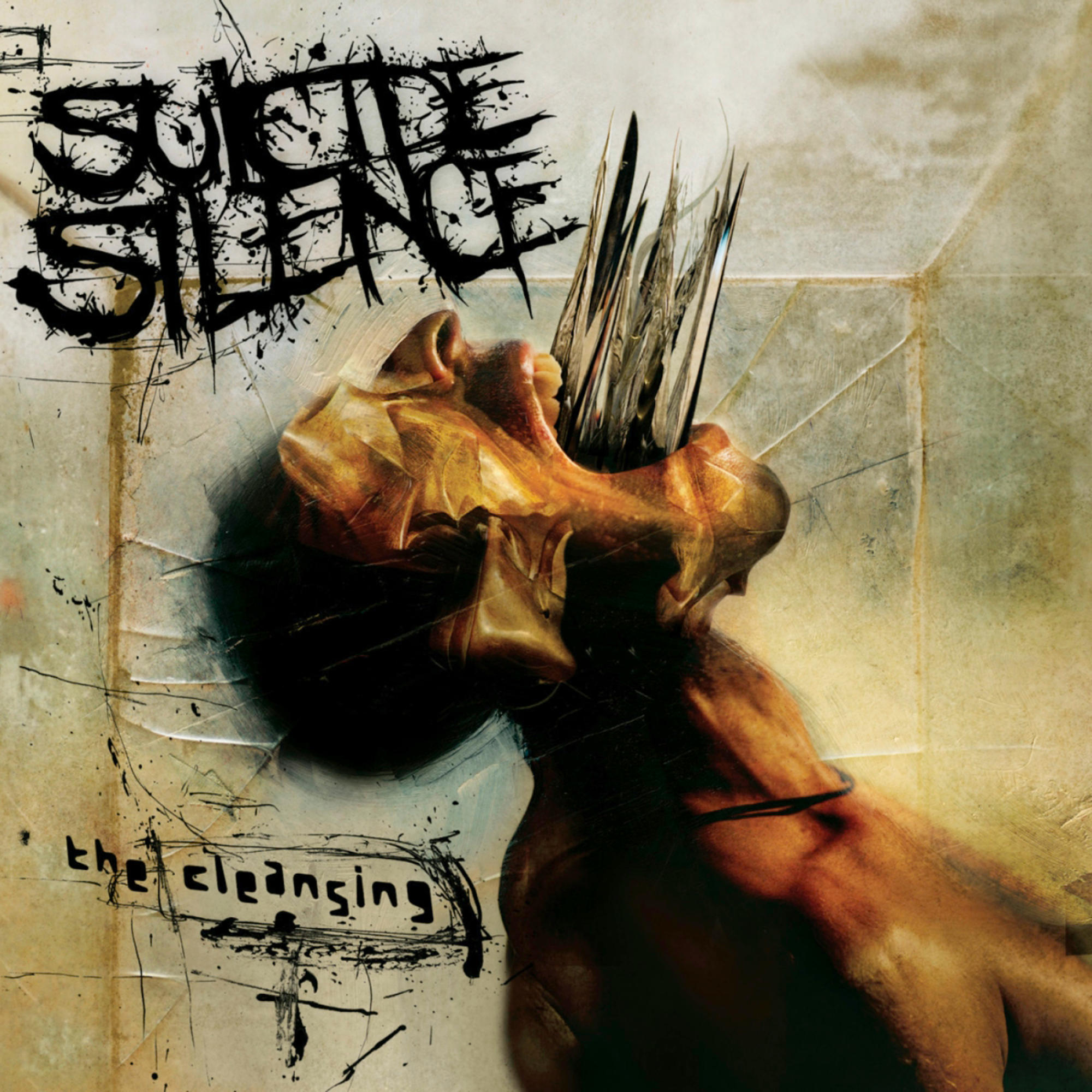 Albumcover: Eine Person mit Loch im Hals, ein Stachel kommt heraus, Suicide Silence, The Cleansing.