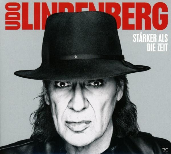 Udo Lindenberg album borítója, fekete kalapot visel, hosszú hajjal. Piros szöveg: 'Stärker als die Zeit'.