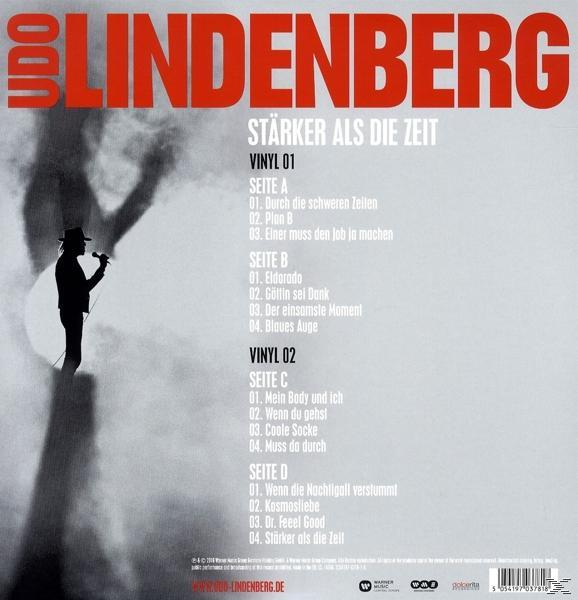 Albumcover: Udo Lindenberg, Titel "Stärker als die Zeit", Trackliste. Silhouette eines Mannes mit Hut.