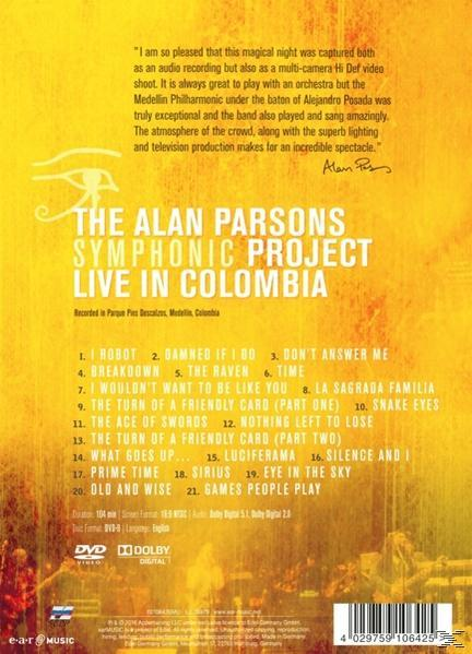 DVD-Hülle mit Text und einer Titelliste für 'The Alan Parsons Project Live in Colombia'.