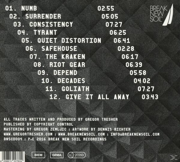 CD-Rückseite mit Titelliste und grafischem Design mit Text.