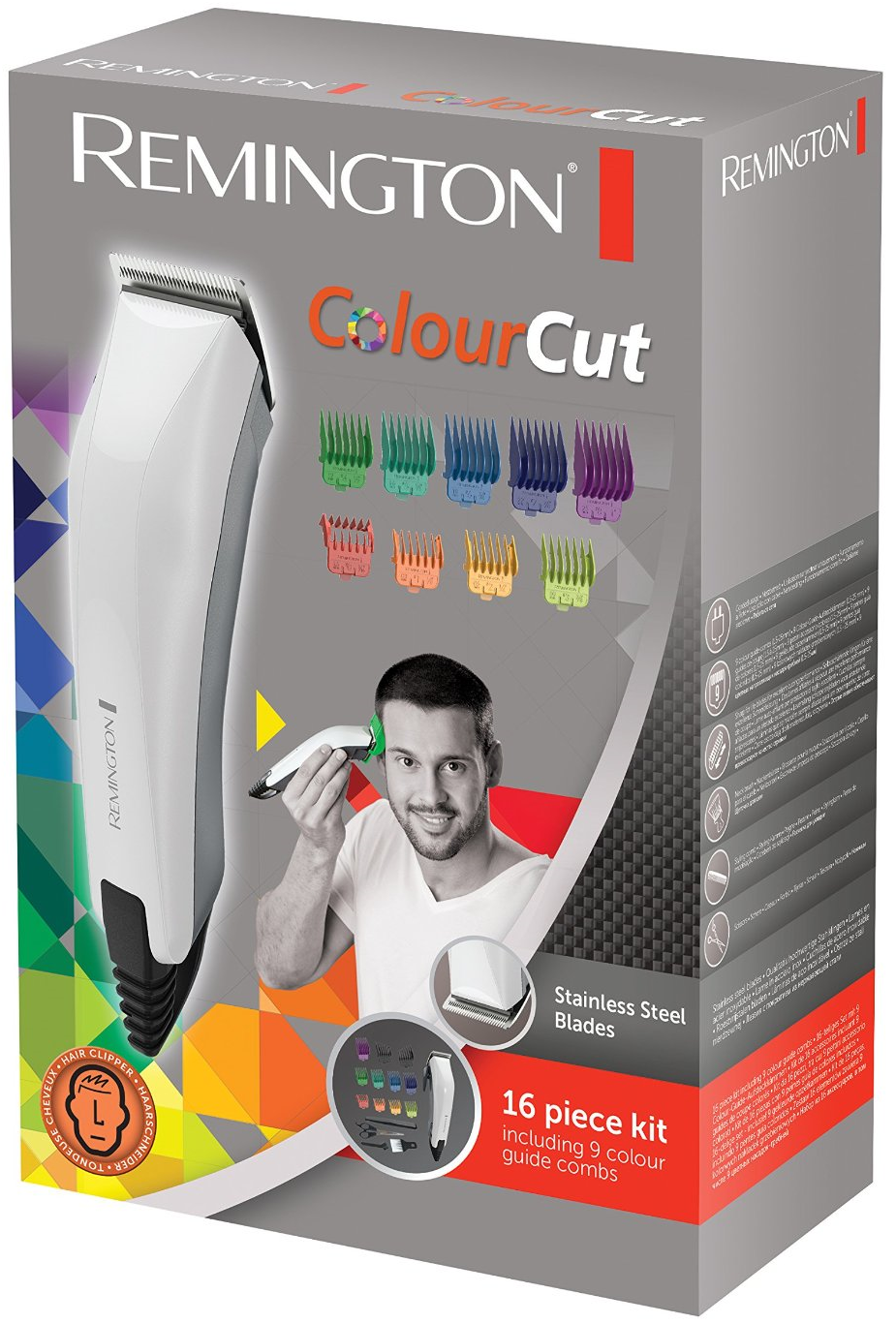 Een productdoos voor een tondeuse met het product en een man zichtbaar.