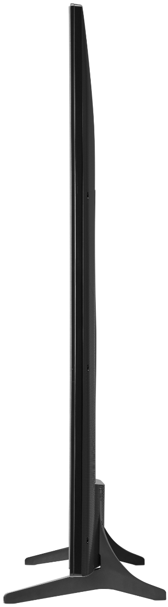 Zwarte tv, zijaanzicht. Strak design, dun profiel, met een standaard.