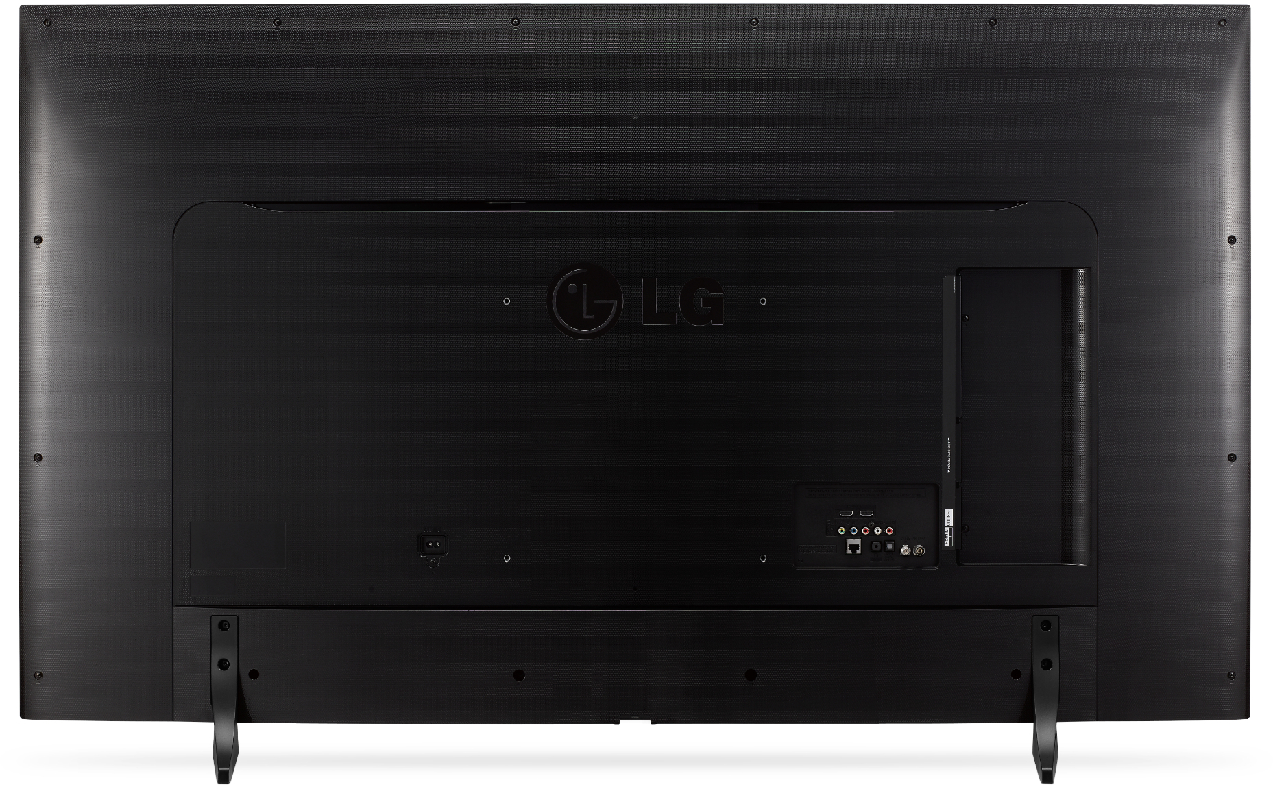 Achterkant van een zwarte LG tv met poorten en het LG logo. Het staat op twee poten.
