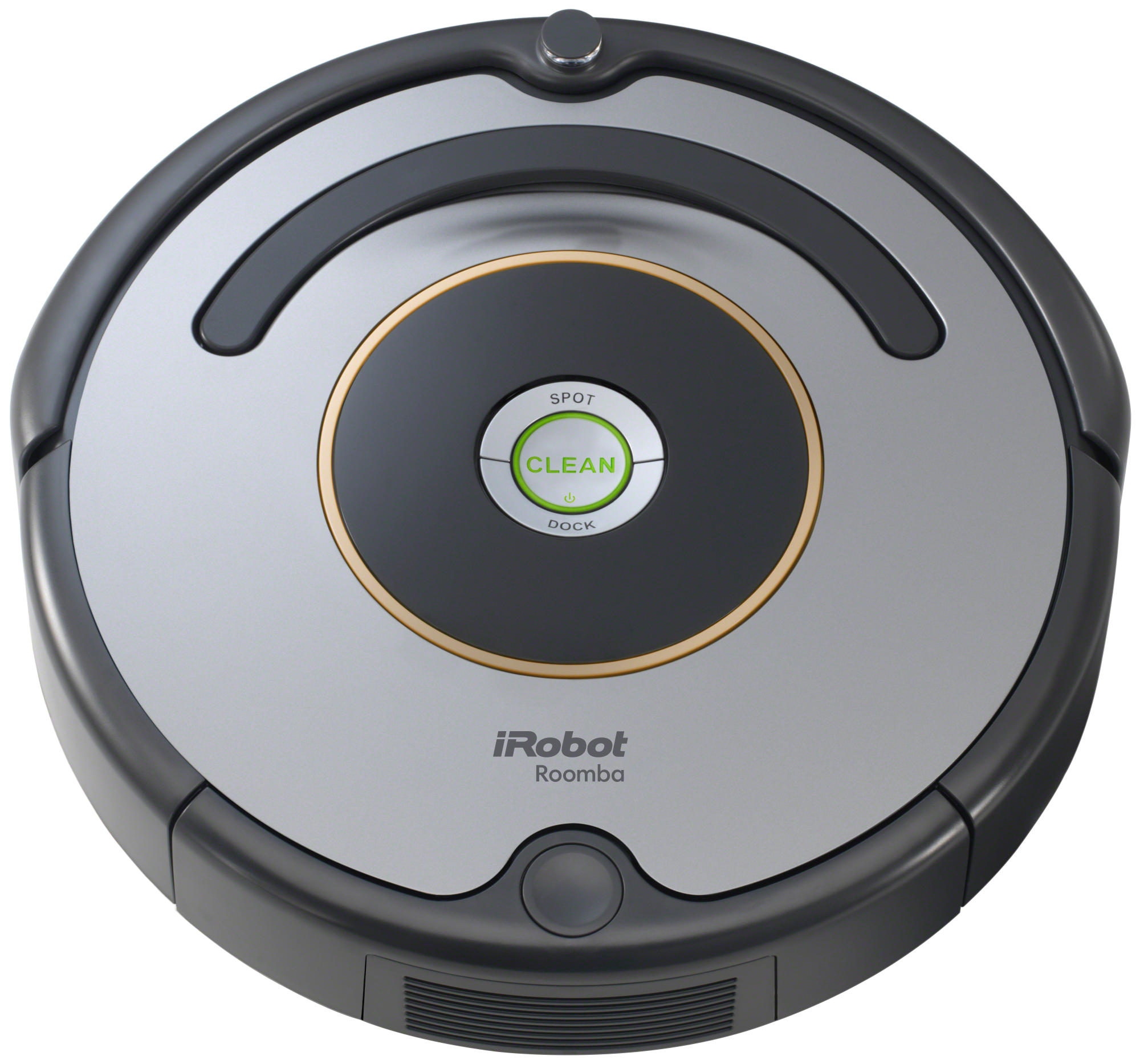 Ein runder, grauer iRobot Roomba Roboterstaubsauger. Es hat einen schwarzen Rand, eine mittlere Taste und eine Reinigungstaste.