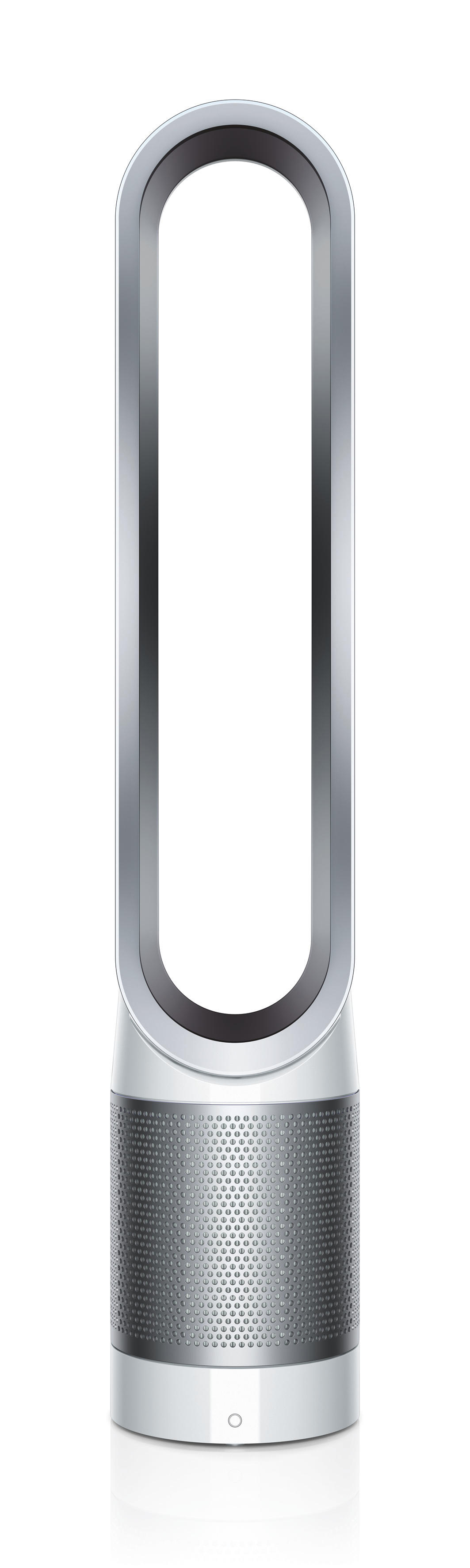 Een hoge, zilverkleurige en witte Dyson-ventilator op een witte achtergrond, met een cirkelvormige opening.