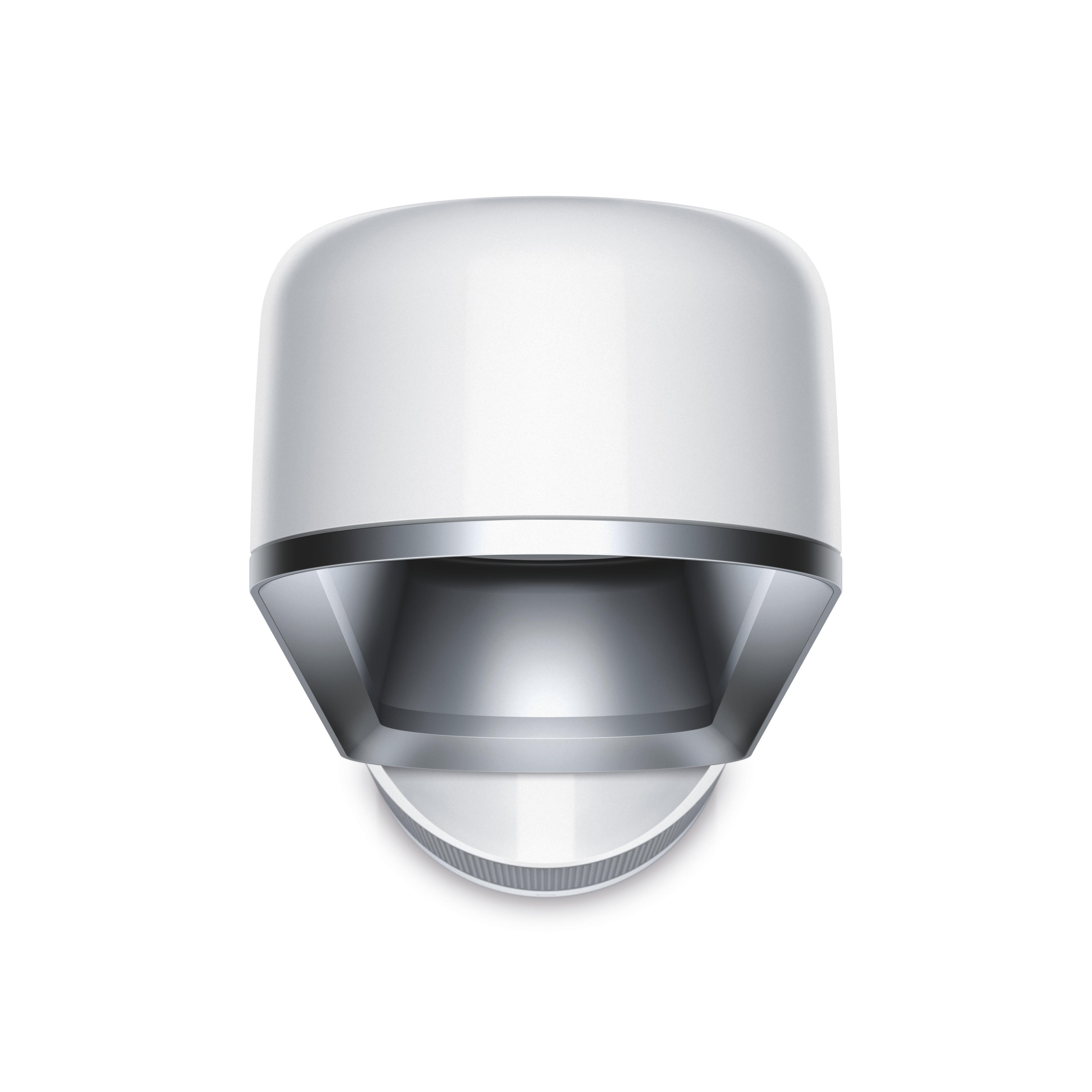 Een wit en zilverkleurig apparaat, mogelijk een smart home-apparaat, op een witte achtergrond.