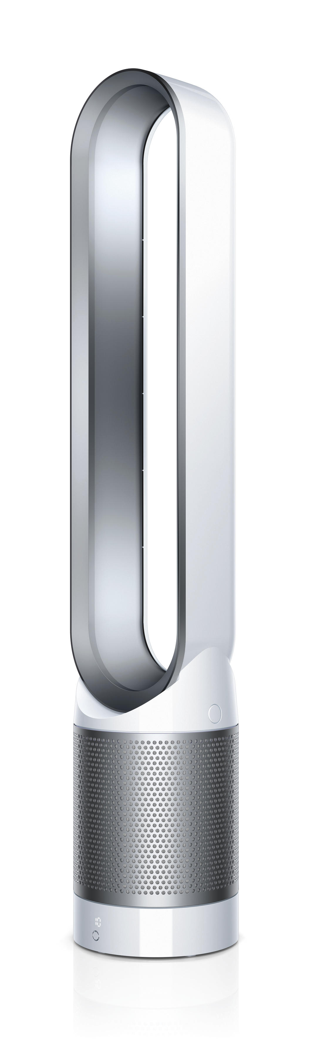 Ein weißer und silberner Dyson Luftreiniger. Er ist hoch und oval geformt mit einem perforierten Sockel.