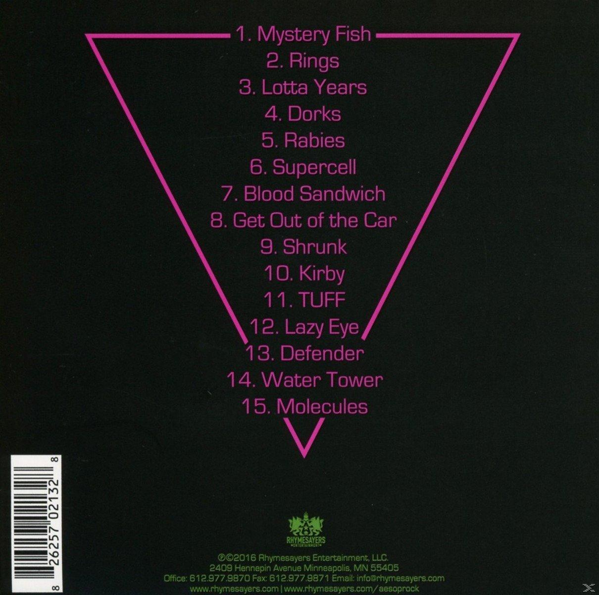 CD-Cover mit einem pinken Dreieck und einer Liste von Titeln, schwarz auf schwarzem Grund.