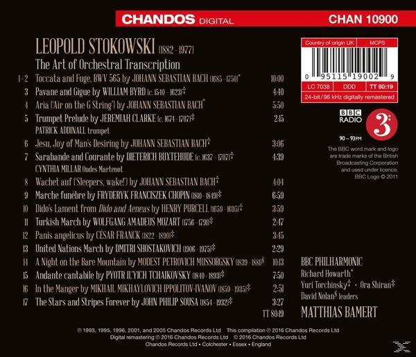 Die Rückseite einer CD mit Text über Leopold Stokowskis Orchestertranskriptionsarbeit.