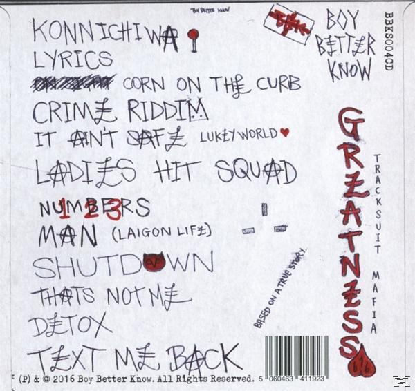 Albumcover mit handgeschriebenem Text. Der Titel „Greatness Mafia“ ist prominent in roter Tinte dargestellt.