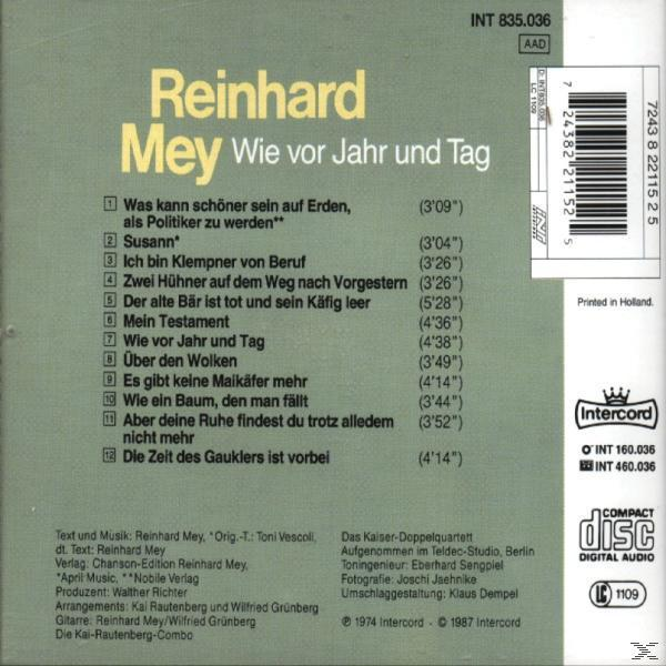 Ein CD-Cover von Reinhard Mey mit Titeln und Text. Die Farben sind Blau, Gelb und Weiß.