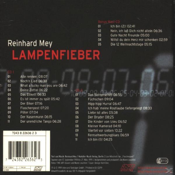 CD-Cover. Es hat Text: Reinhard Mey Lampenfieber, mit einer Liste von Songs.