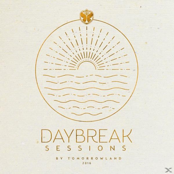 Gouden lijntekening van een zon boven golven in een cirkel. Tekst: Daybreak Sessions by Tomorrowland 2016.